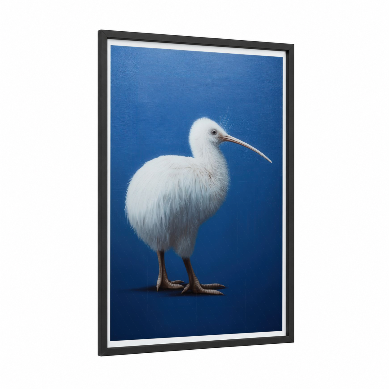 Snowy Kiwi Portrait framed art print — black wood frame — blue and white palette
