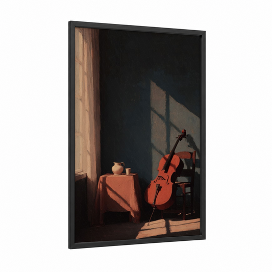 Sunlit Cello framed art print — black wood frame — russet and cream palette