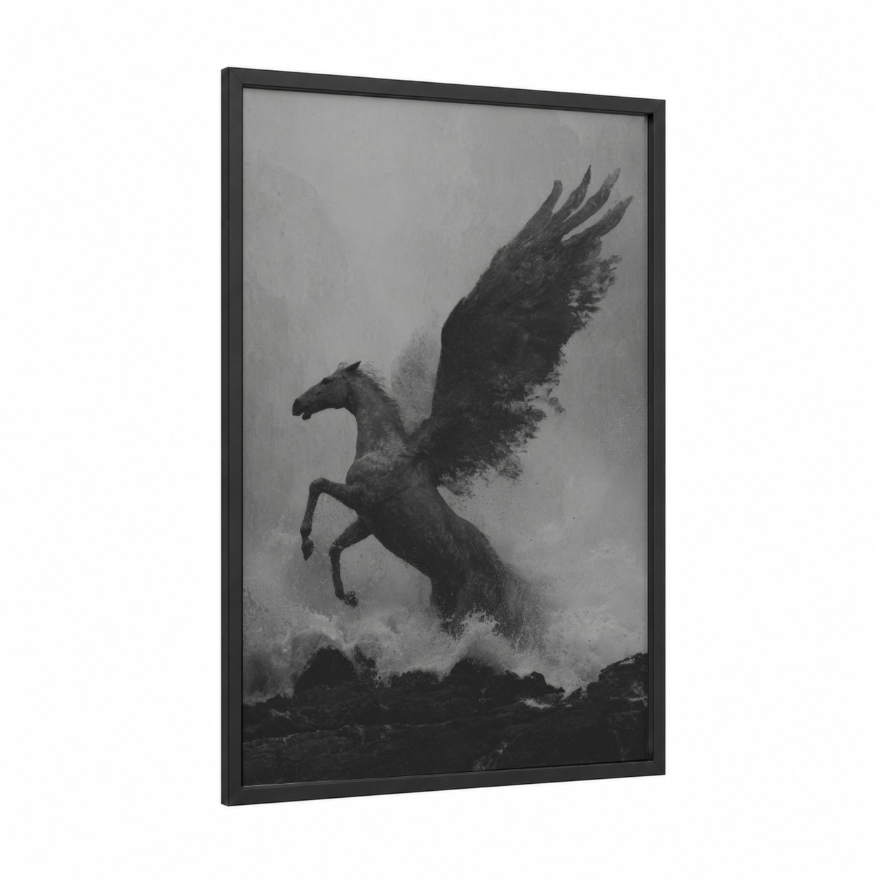 Stormy Pegasus framed art print — black wood frame — black and gray palette