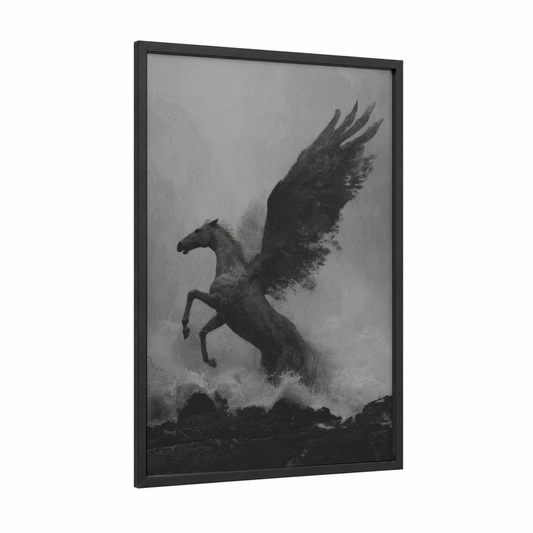Stormy Pegasus framed art print — black wood frame — black and gray palette