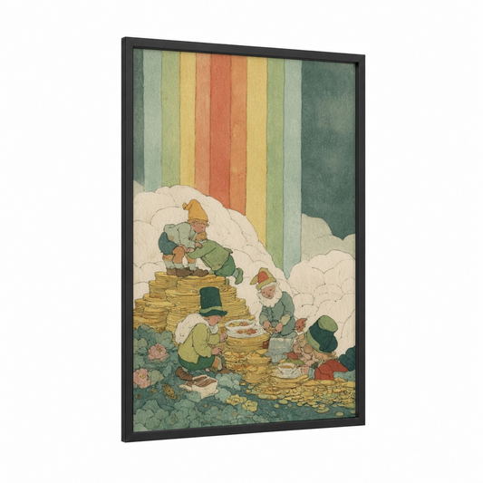 Leprechaun Gold Gathering framed st. patrick's day print — black wood frame — green and gold palette