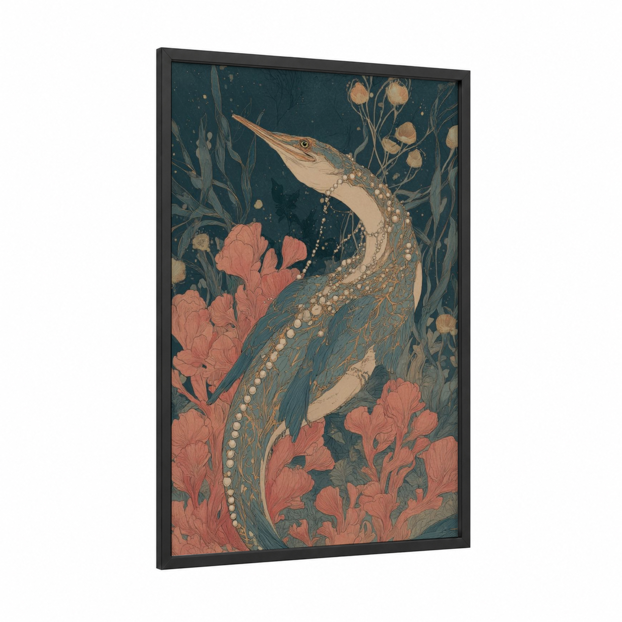 Jeweled Dinosaur framed art print — black wood frame — teal and salmon pink palette