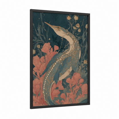 Jeweled Dinosaur framed art print — black wood frame — teal and salmon pink palette