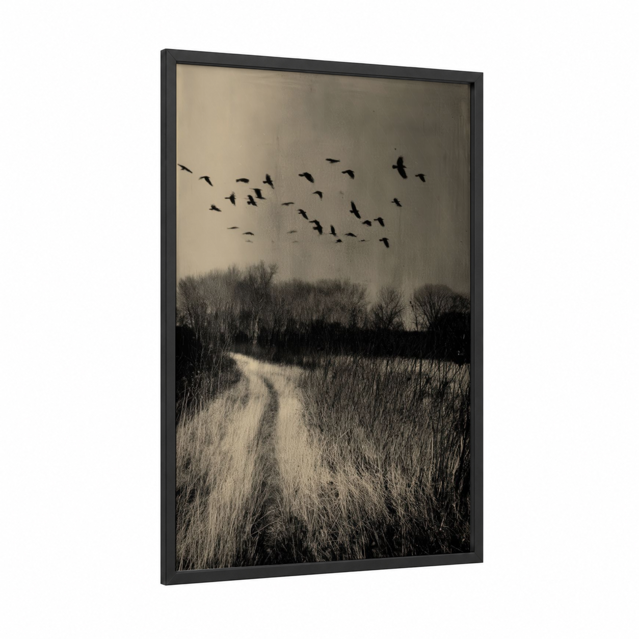 Winter Migration Flock framed crows and ravens print — black wood frame — black and white and dove gray palette