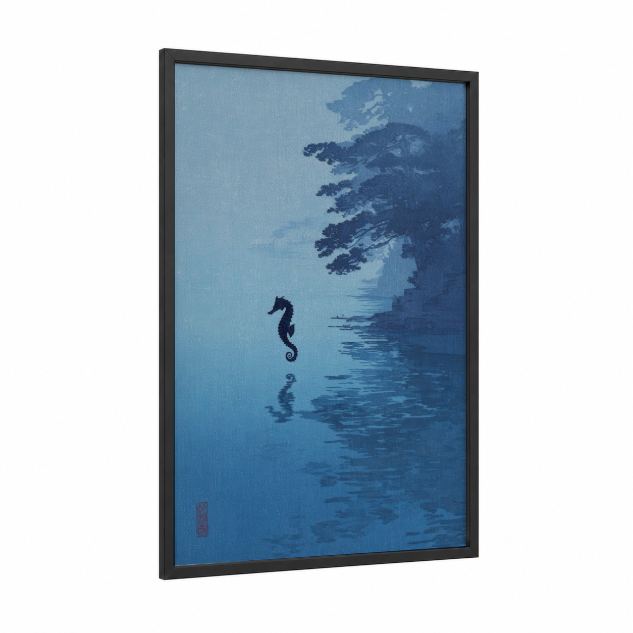 Solitary Sea Horse framed art print — black wood frame — blue and blue and gray palette