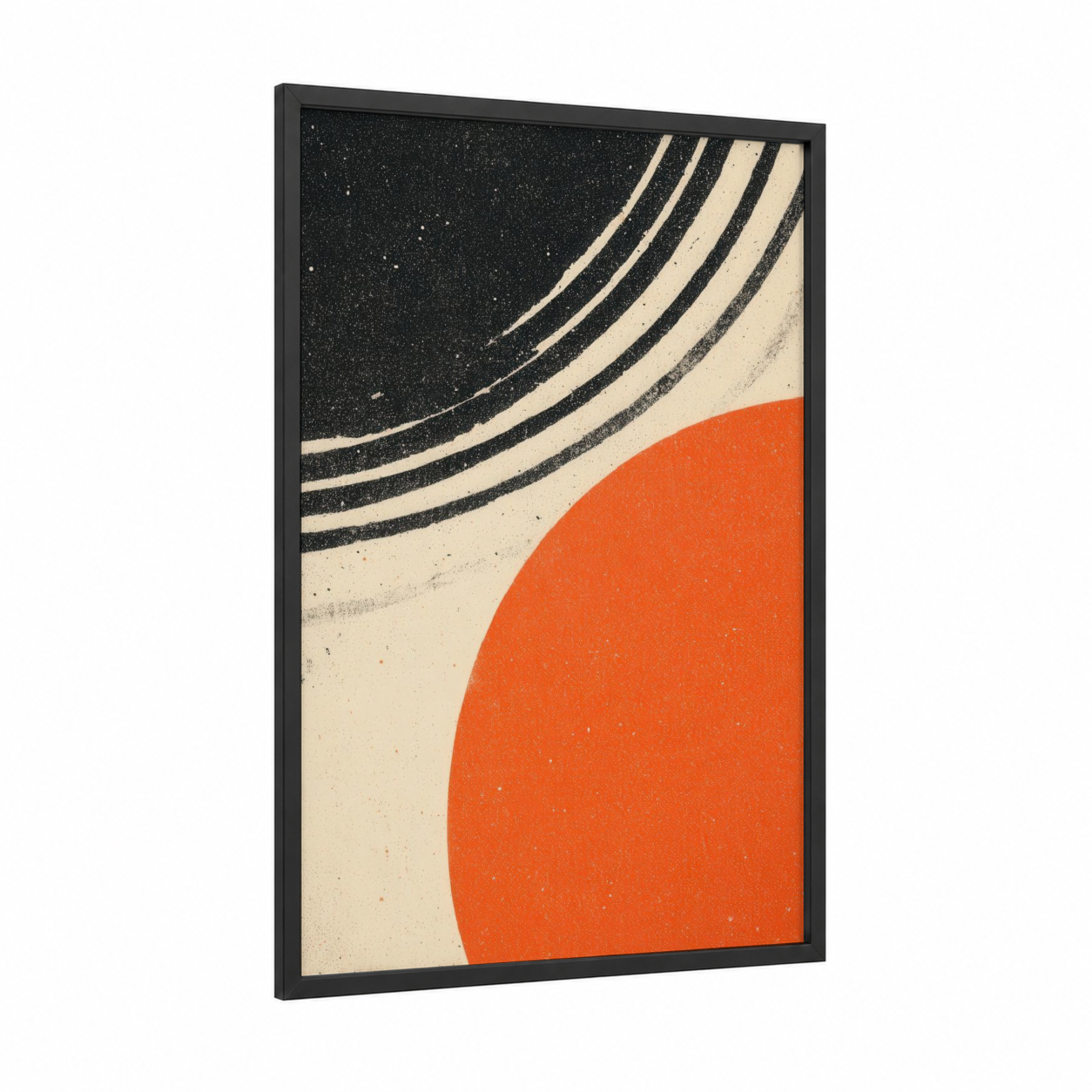 Retro Vinyl Spin framed vinyl records print — black wood frame — black and gold and orange palette
