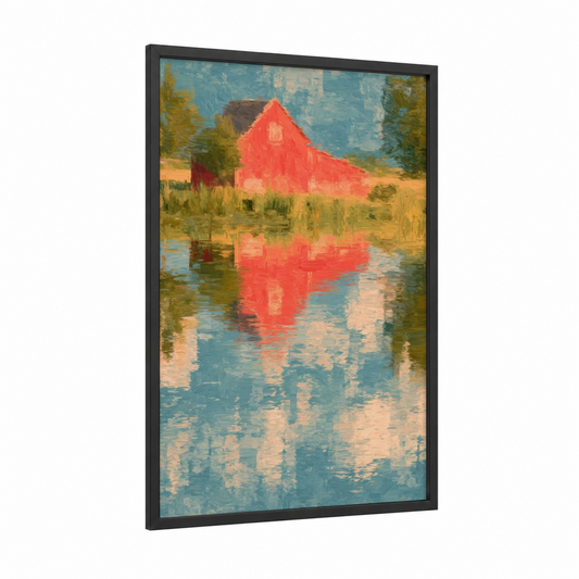 Crimson Barn Reflection framed art print — black wood frame — red and blue and white palette