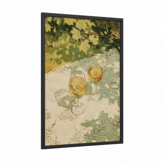 Waterside White Wine framed art print — black wood frame — green and gold palette