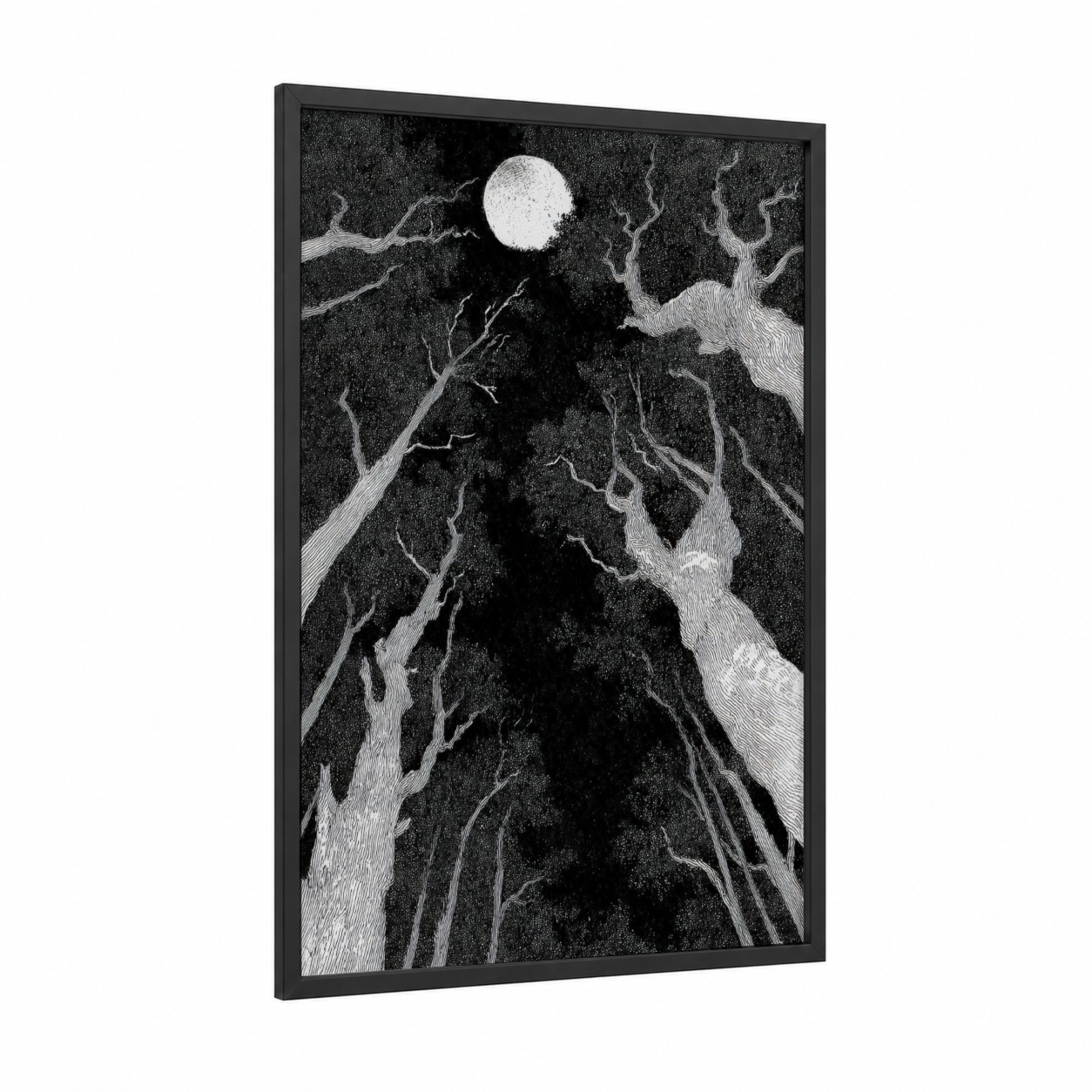 Moonlit Forest framed halloween print — black wood frame — black and white palette