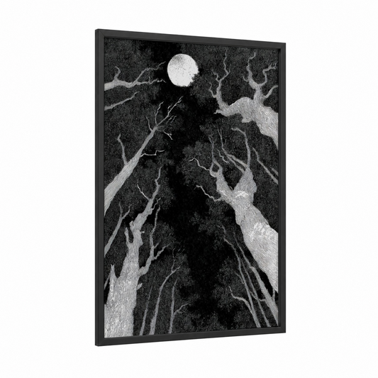 Moonlit Forest framed halloween print — black wood frame — black and white palette