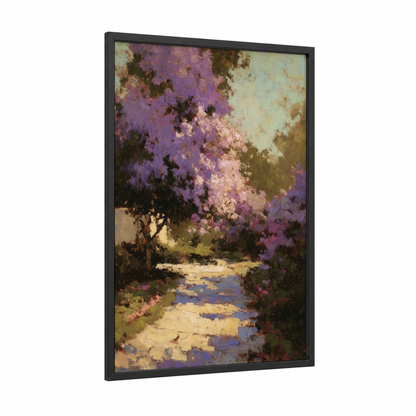 Lilac Stream framed art print — black wood frame — purple and gold palette
