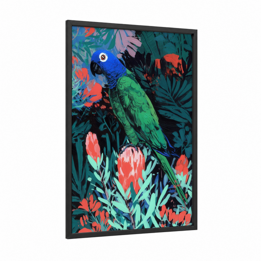 Tropical Parrot framed safari parrots print — black wood frame — blue and green palette