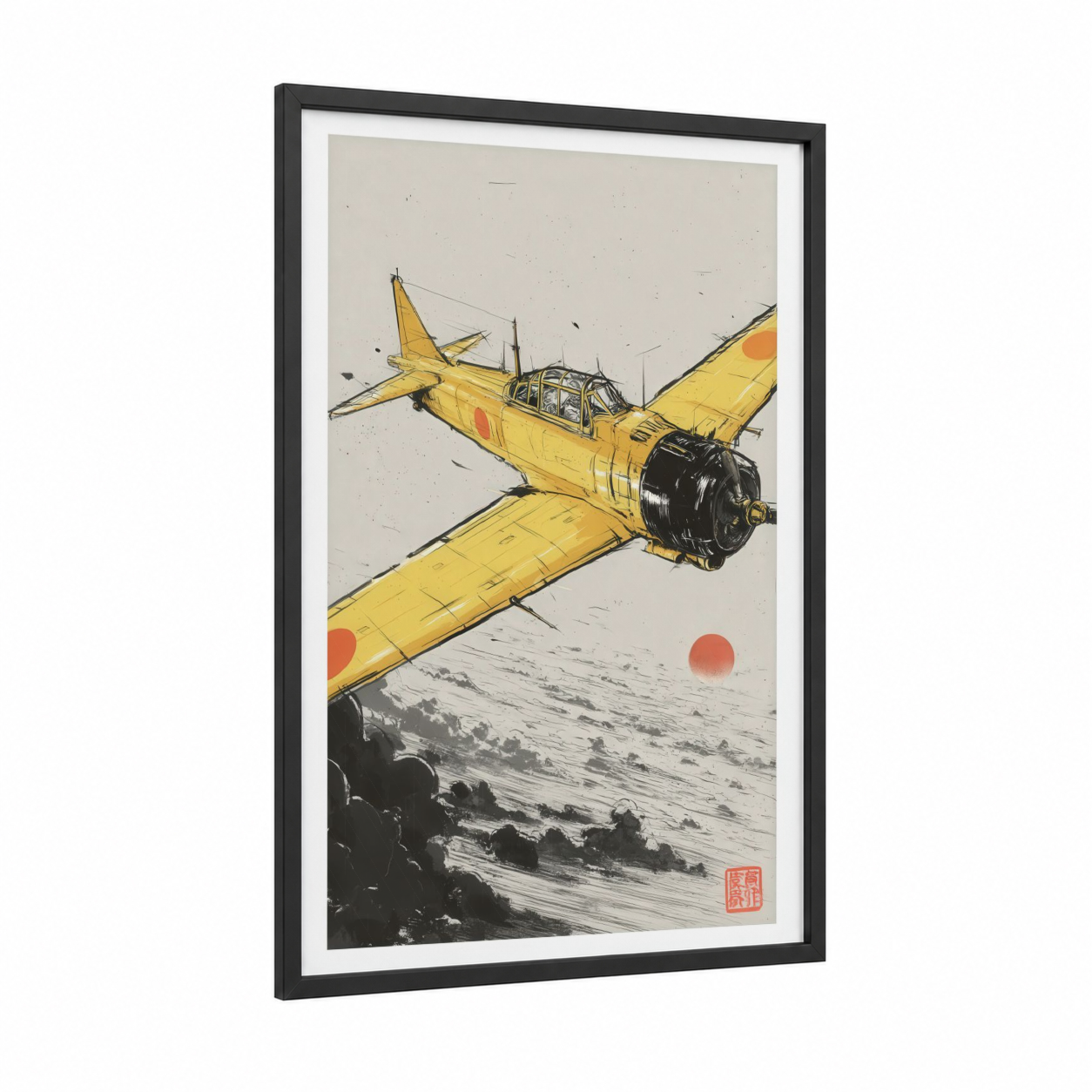 Golden Reconnaissance framed vintage airplane print — black wood frame — yellow gold and black and white palette