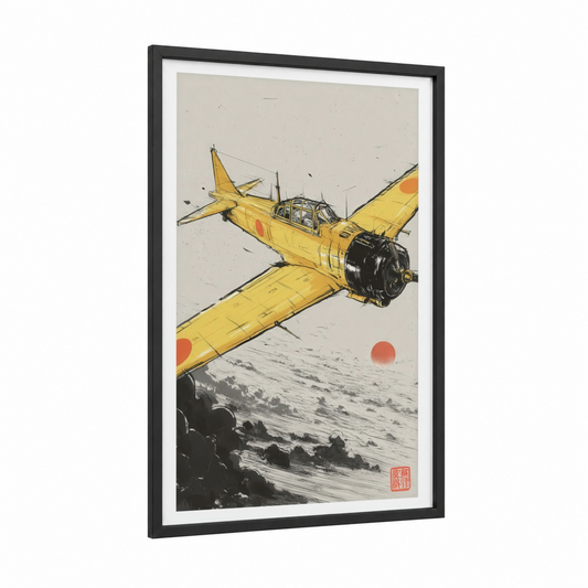 Golden Reconnaissance framed vintage airplane print — black wood frame — yellow gold and black and white palette