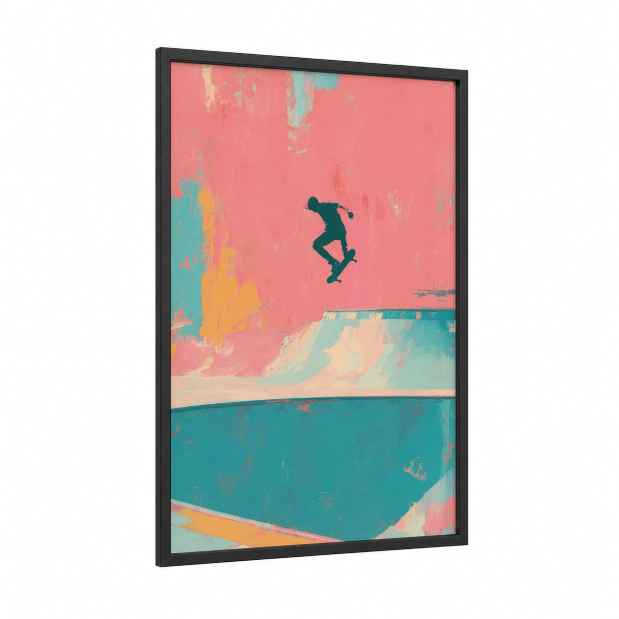 Air Skateboarder framed skateboarding print — black wood frame — salmon pink and teal palette