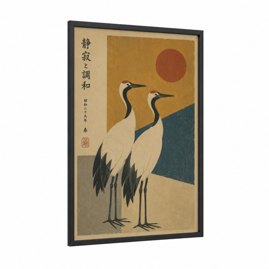 Japanese Crane Sunrise Wall Art framed art print — black wood frame — gold and beige palette