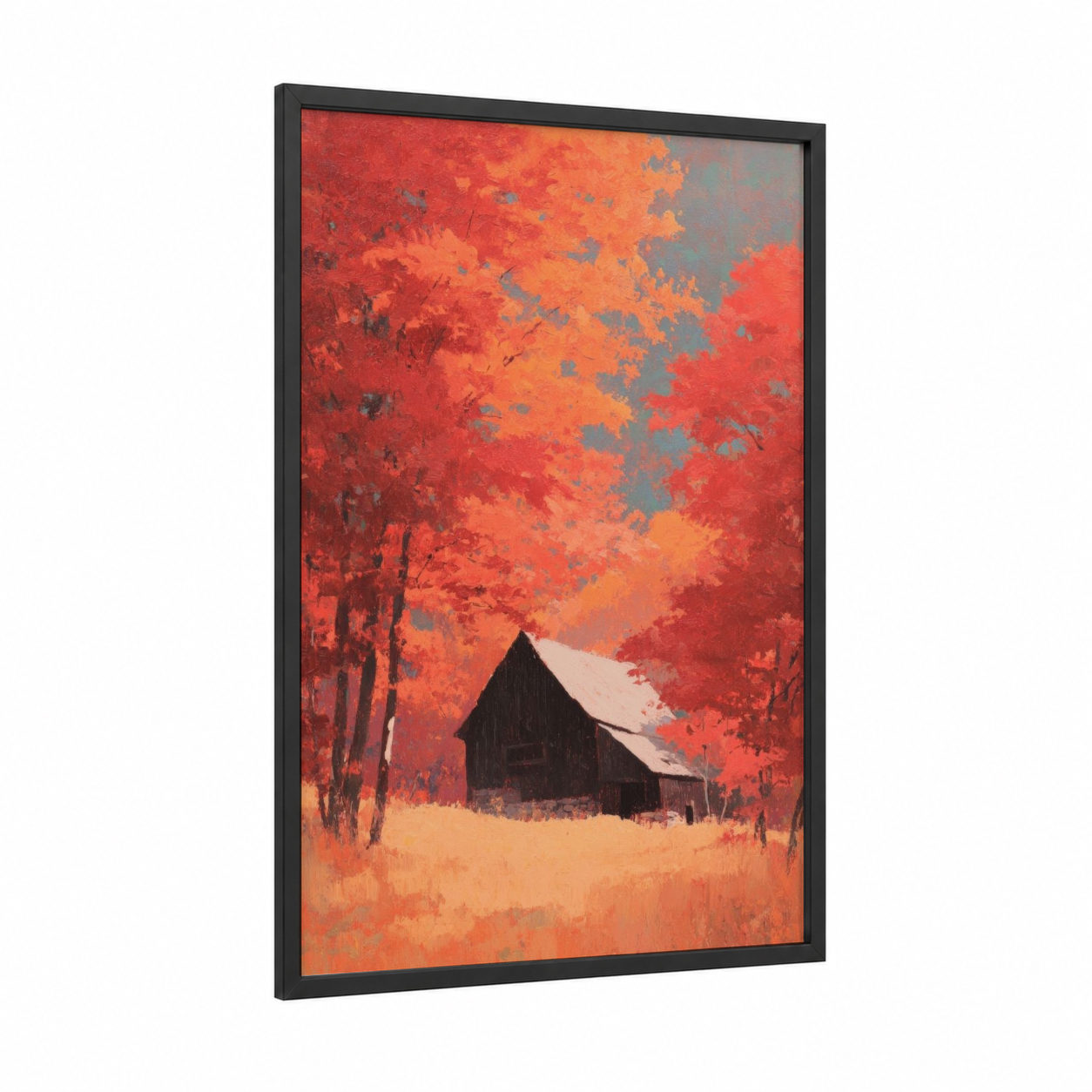 Crimson Autumn Barn framed art print — black wood frame — red and orange palette