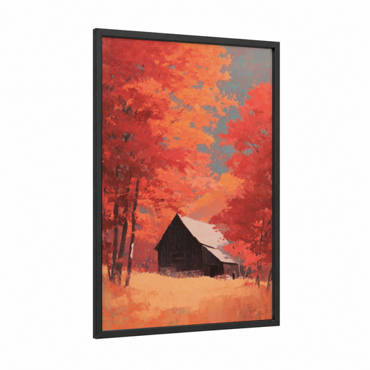 Crimson Autumn Barn framed art print — black wood frame — red and orange palette