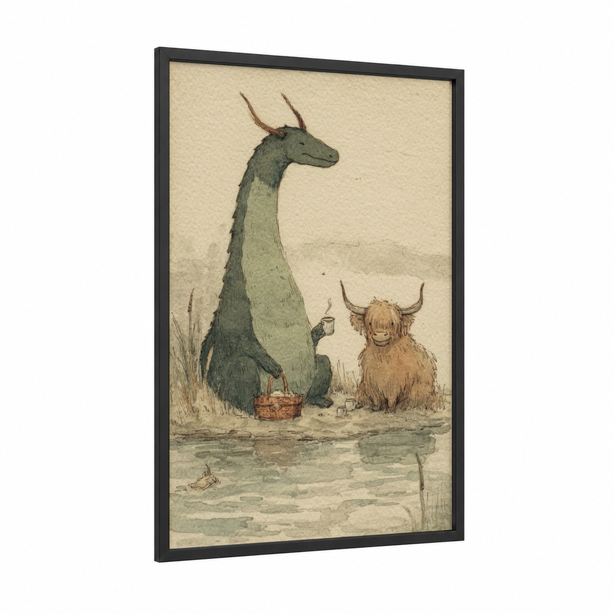Loch Ness Tea Time framed loch ness monster print — black wood frame — sage green and beige palette