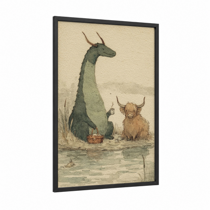Loch Ness Tea Time framed loch ness monster print — black wood frame — sage green and beige palette