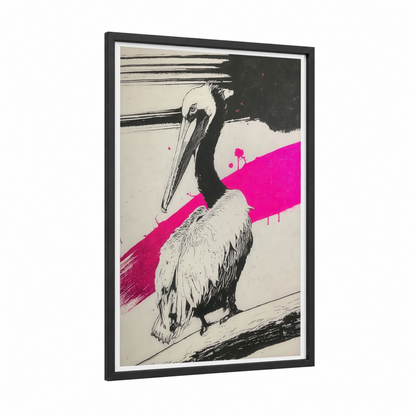 Magenta Pelican framed art print — black wood frame — black and white and magenta palette