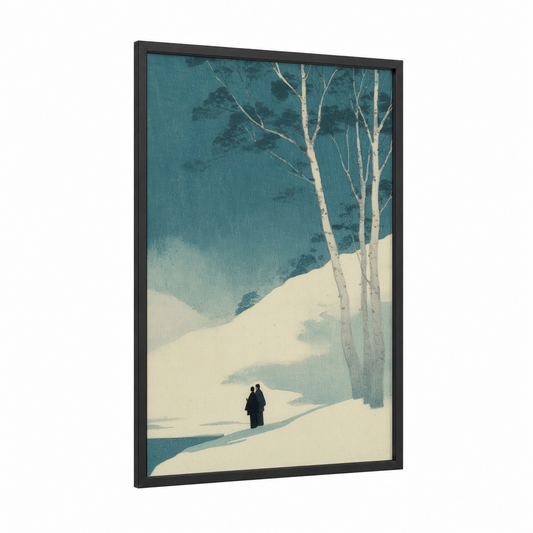 Snowy Couple framed art print — black wood frame — teal and cream palette