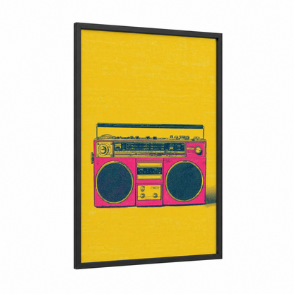 Neon Boombox framed art print — black wood frame — magenta and yellow gold palette