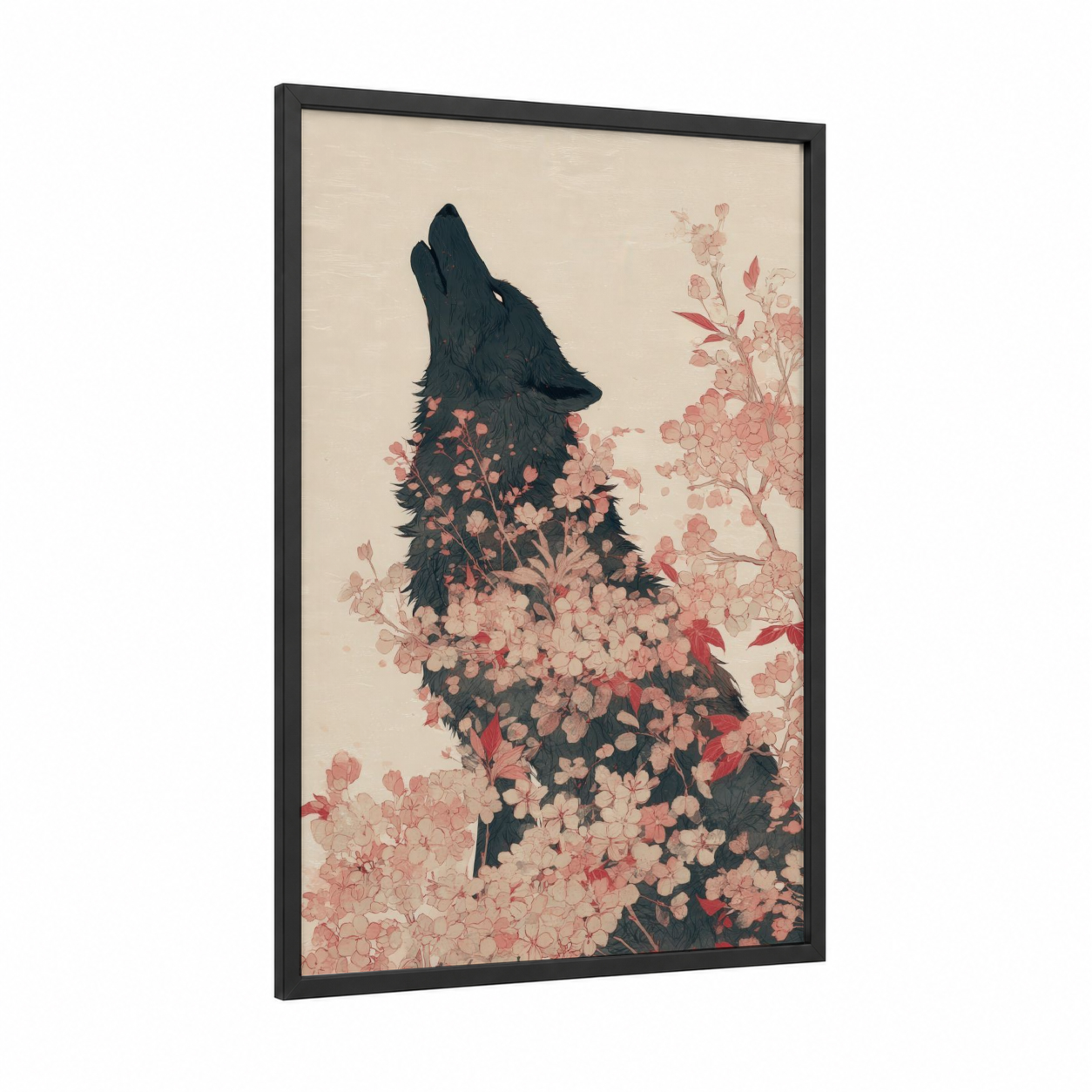 Flowering Wolf framed art print — black wood frame — cream and salmon pink palette