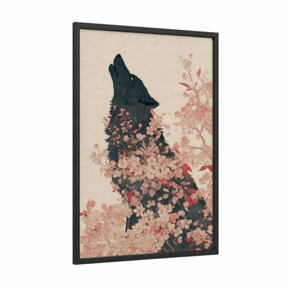 Flowering Wolf framed art print — black wood frame — cream and salmon pink palette
