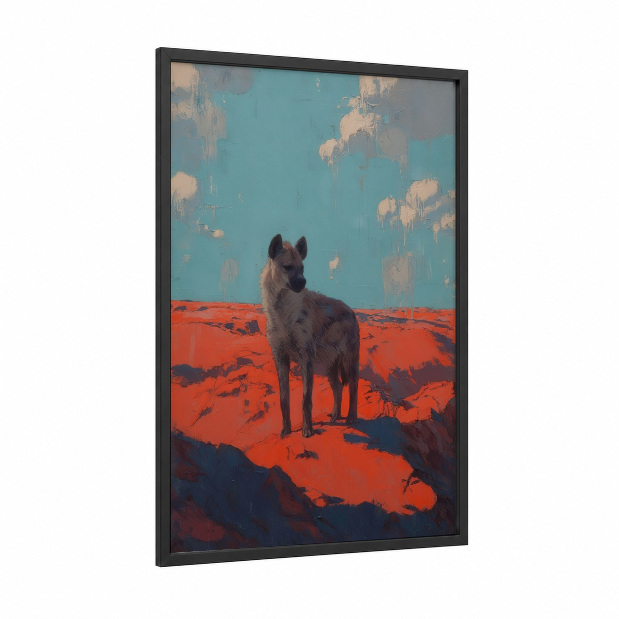 Desert Hyena framed art print — black wood frame — turquoise and red palette
