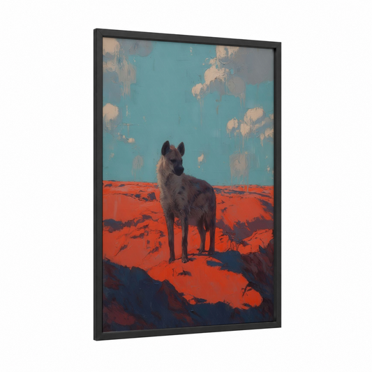 Desert Hyena framed art print — black wood frame — turquoise and red palette