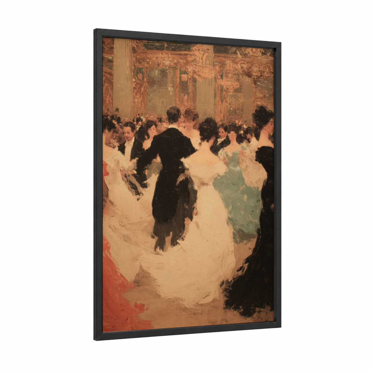 Elegant Ballroom framed ballroom dance print — black wood frame — gold and cream palette
