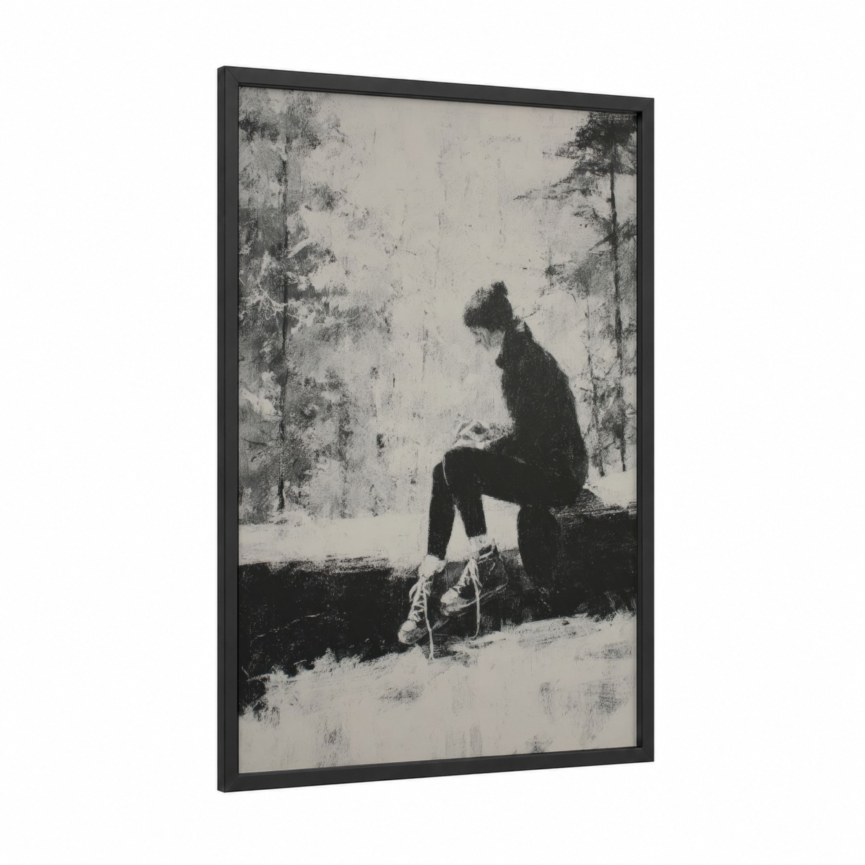 Solitary Skater framed ice skating print — black wood frame — black and white and gray palette