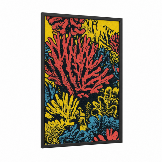 Vibrant Coral Garden framed art print — black wood frame — red and yellow palette