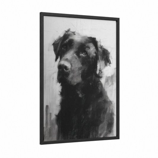 Contemplative Retriever framed art print — black wood frame — black and white and gray palette