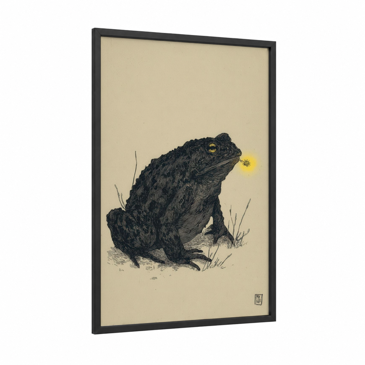 Contemplative Toad framed frogs and toads print — black wood frame — black and cream palette