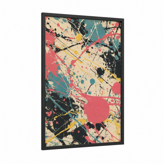 Energetic Splatter framed abstract expressionism print — black wood frame — pink and teal palette