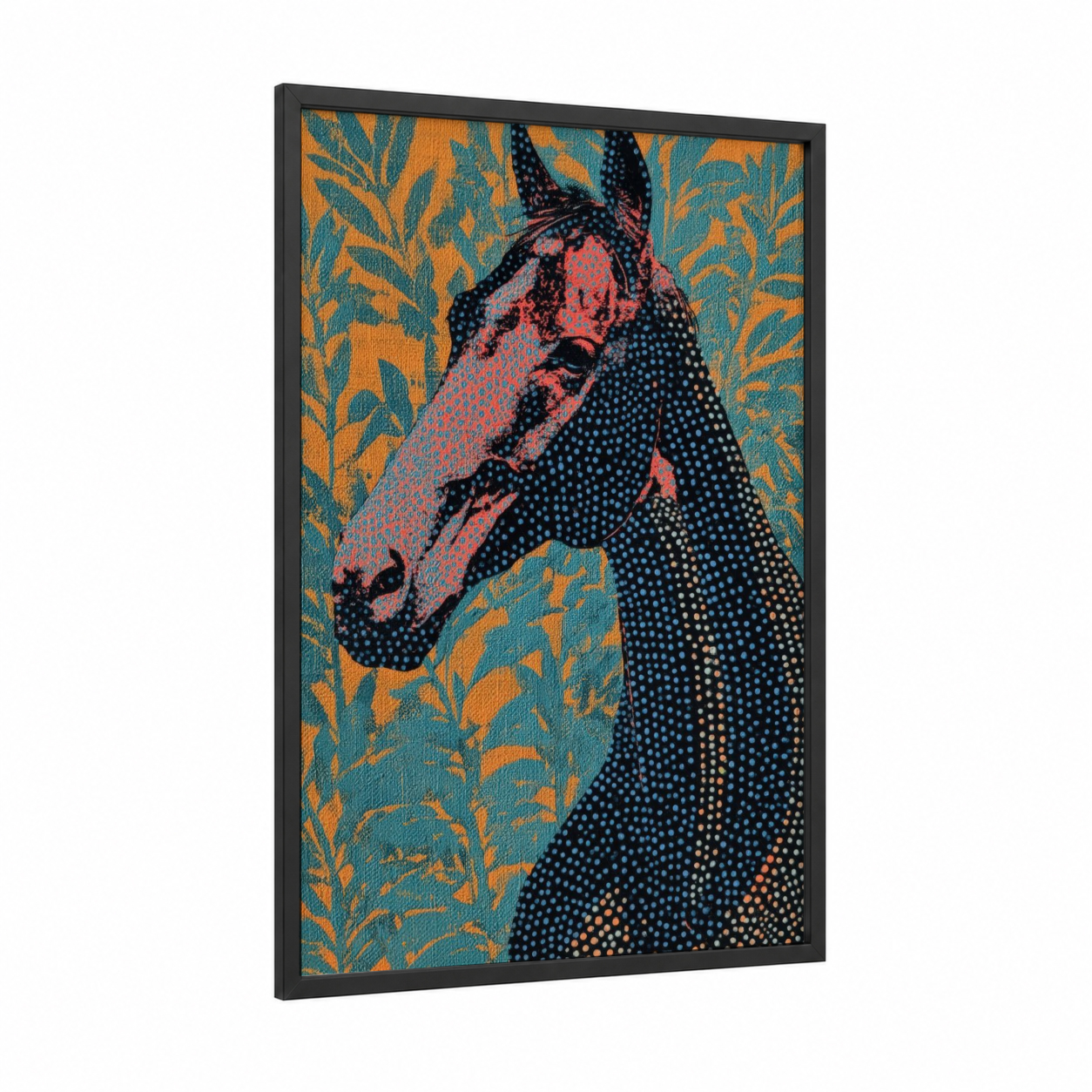 Coral Thoroughbred framed thoroughbred horse print — black wood frame — gold and teal palette