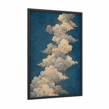 Japanese Cloud Mist Wall Art framed art print — black wood frame — blue and cream palette
