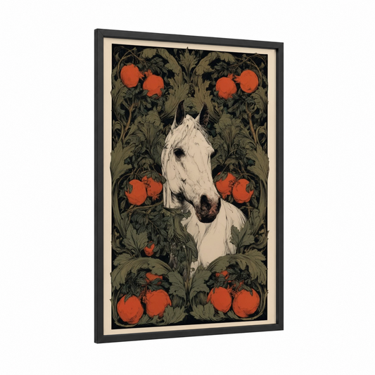Orchard Andalusian framed andalusian horse print — black wood frame — cream and dark green palette