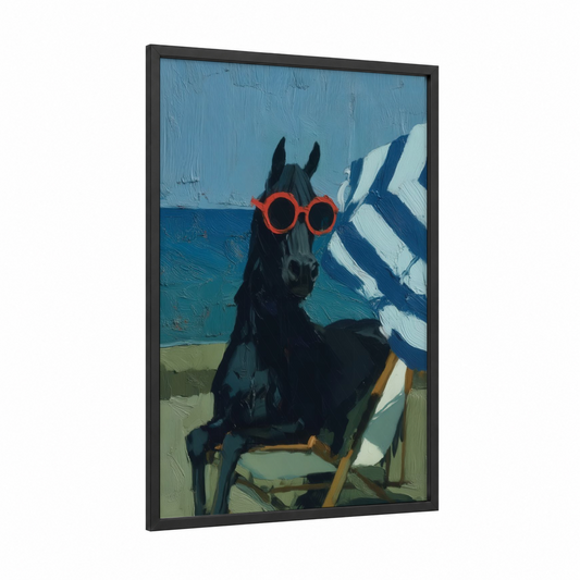 Beachside Andalusian framed andalusian horse print — black wood frame — blue and gold palette