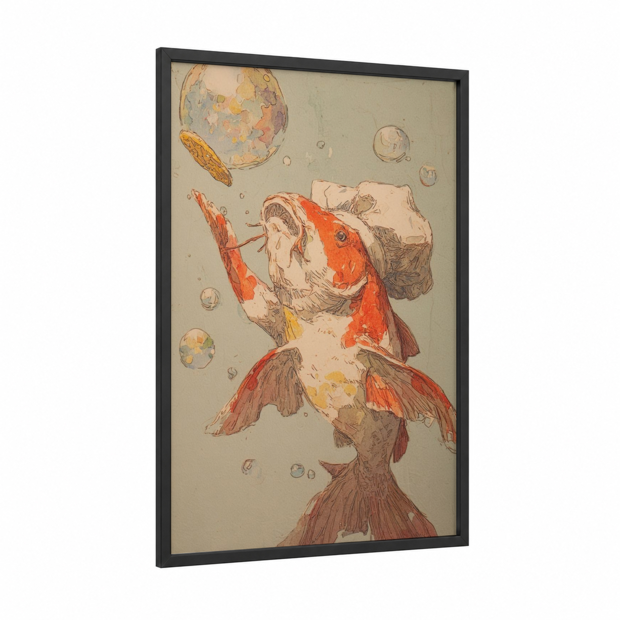 Cosmic Koi framed koi fish print — black wood frame — cream and russet palette