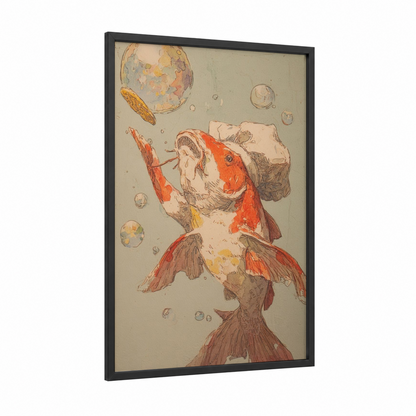 Cosmic Koi framed koi fish print — black wood frame — cream and russet palette