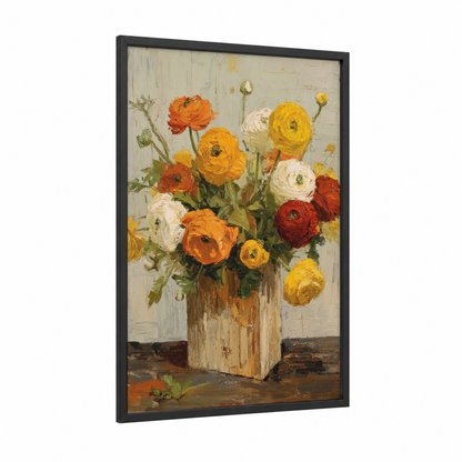 Harvest Ranunculus framed art print — black wood frame — gold and orange palette