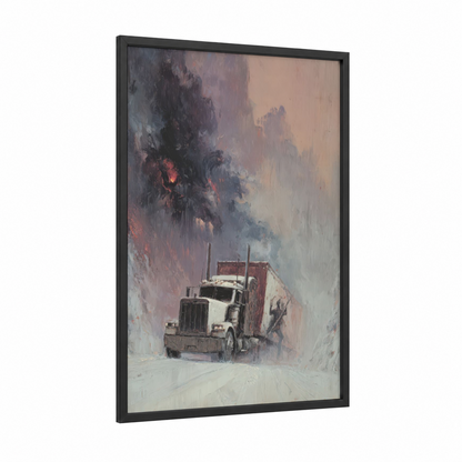 Snowy Truck framed art print — black wood frame — gray palette