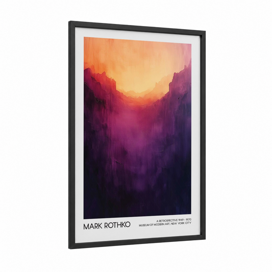 Crimson Canyon Sunset framed abstract classic print — black wood frame — gold and magenta palette
