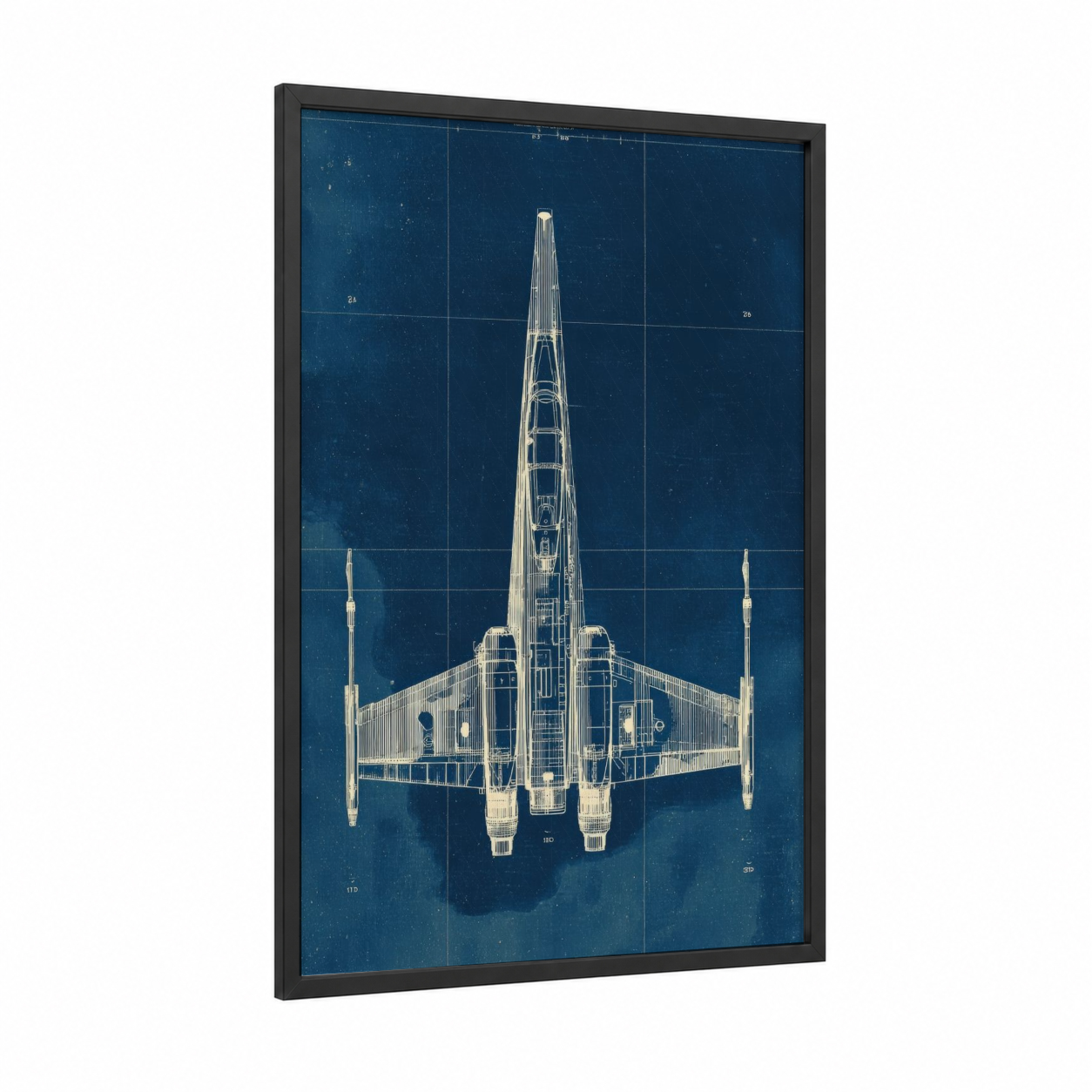 X-Wing Starfighter framed art for boy print — black wood frame — dark blue and white palette