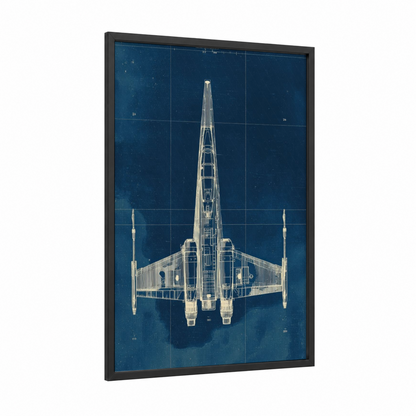X-Wing Starfighter framed art for boy print — black wood frame — dark blue and white palette
