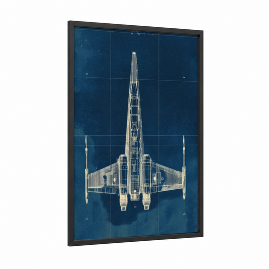 X-Wing Starfighter framed art for boy print — black wood frame — dark blue and white palette