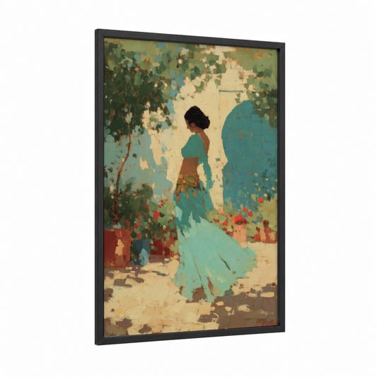 Garden Dancer framed belly dance print — black wood frame — teal and gold palette